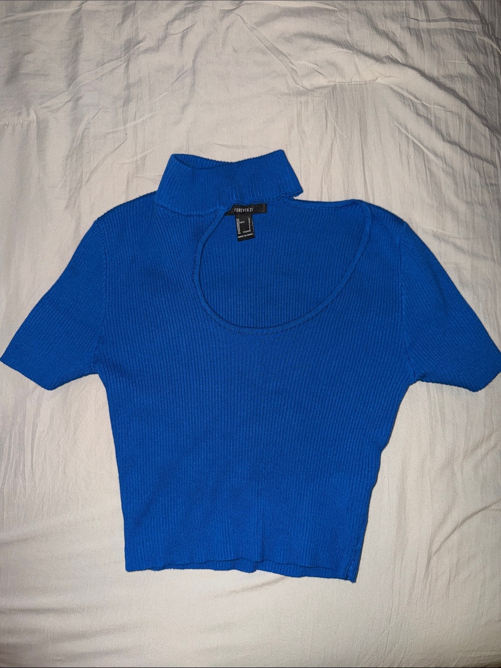 Forever 21 Royal Blue Ribbed Short Sleeve Crop Top with Mock Neck